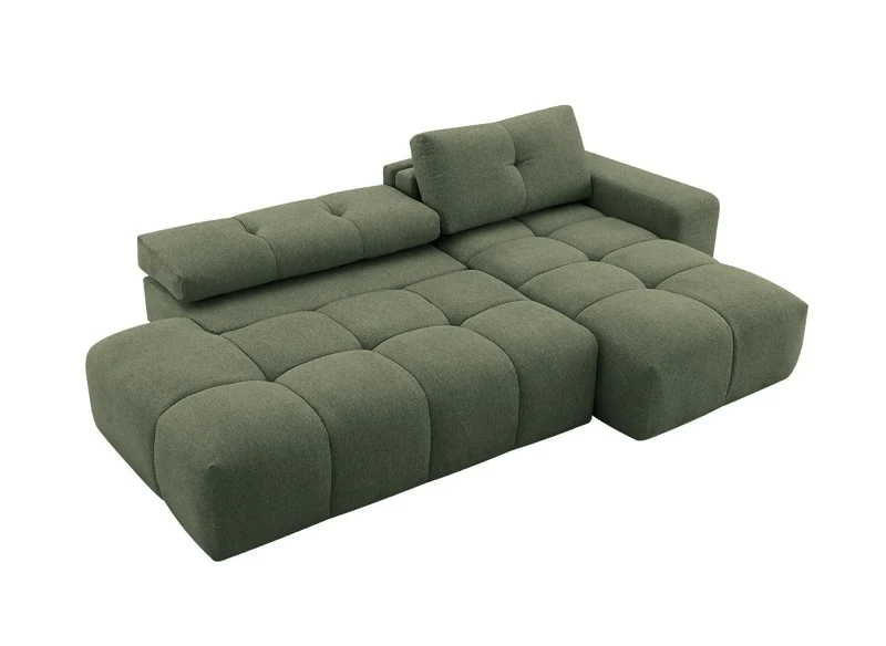 Canapé d'angle convertible avec coffre en tissu texturé vert olive ANGELINE - Angle droit