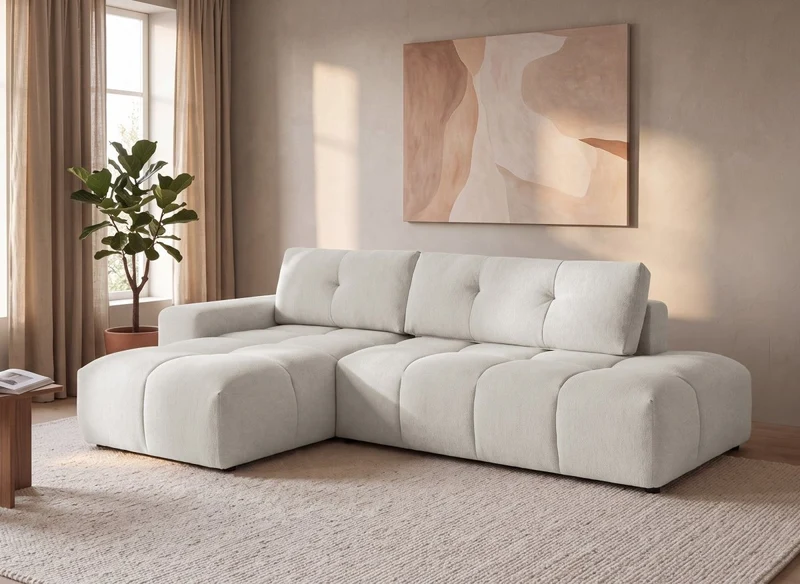 Canapé d'angle convertible avec coffre en tissu texturé beige ANGELINE - Angle gauche