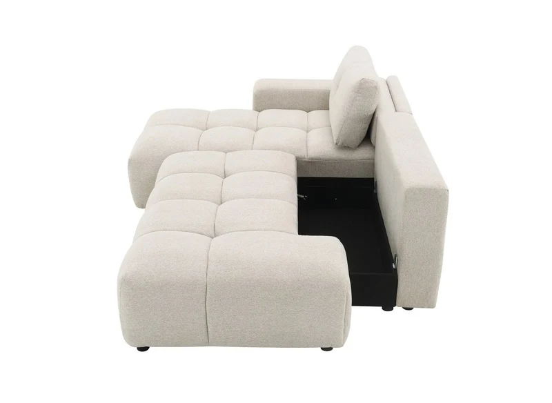 Canapé d'angle convertible avec coffre en tissu texturé beige ANGELINE - Angle gauche