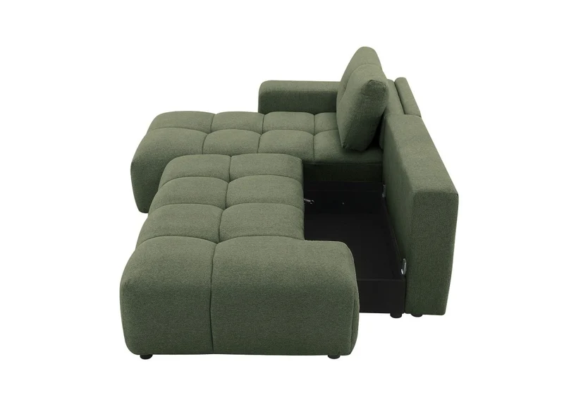 Canapé d'angle convertible avec coffre en tissu texturé vert olive ANGELINE - Angle gauche