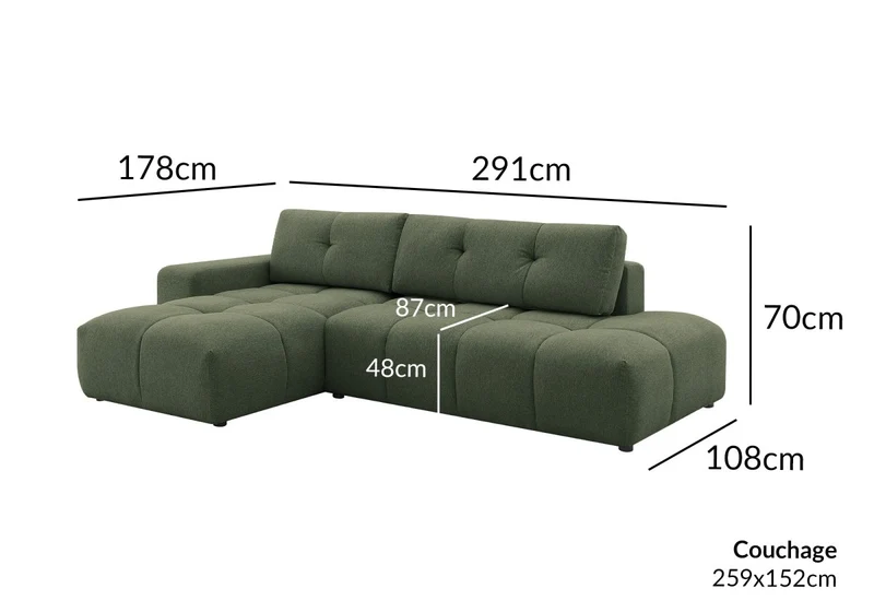 Canapé d'angle convertible avec coffre en tissu texturé vert olive ANGELINE - Angle gauche