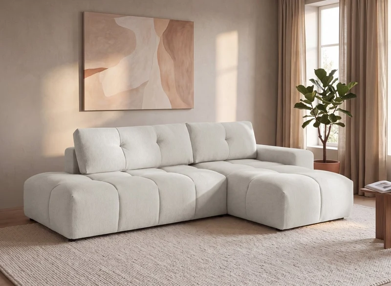 Canapé d'angle convertible avec coffre en tissu texturé beige ANGELINE - Angle droit