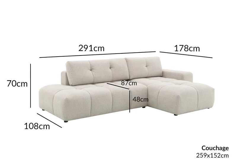 Canapé d'angle convertible avec coffre en tissu texturé beige ANGELINE - Angle droit