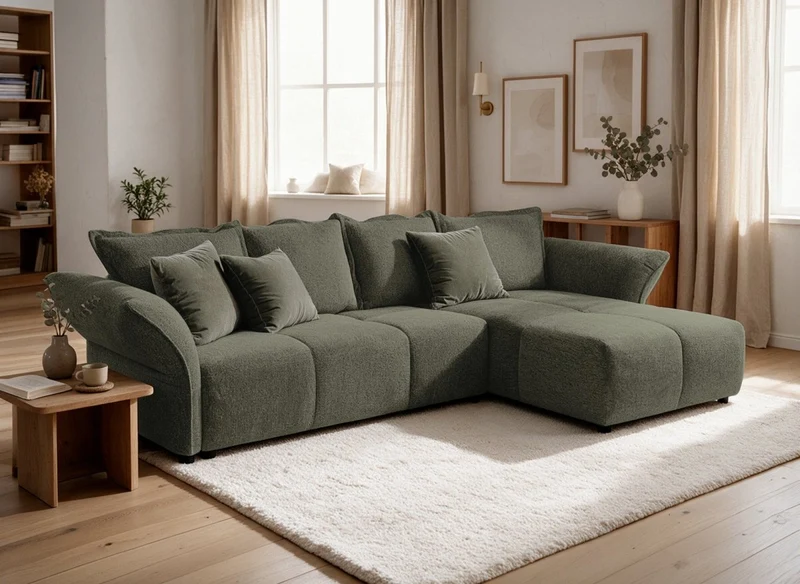 Canapé d'angle convertible réversible en velours tissé vert olive BELINE
