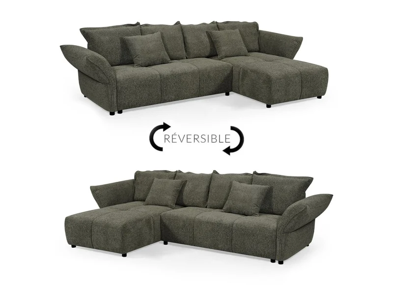Canapé d'angle convertible réversible en velours tissé vert olive BELINE