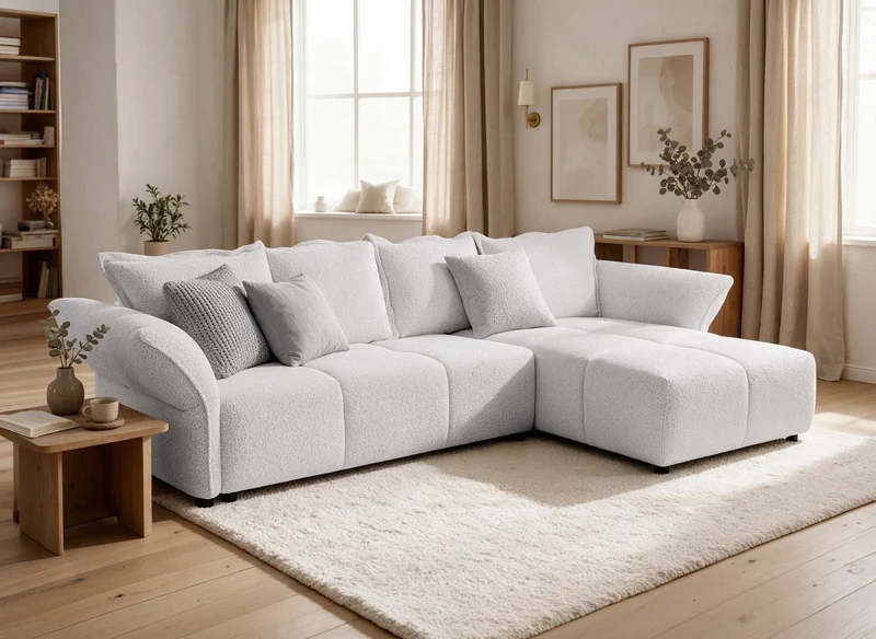 Canapé d'angle convertible réversible en velours tissé beige BELINE