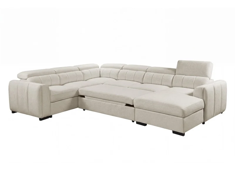 Canapé panoramique convertible avec coffre en tissu bouclette beige NAJAH - Angle droit