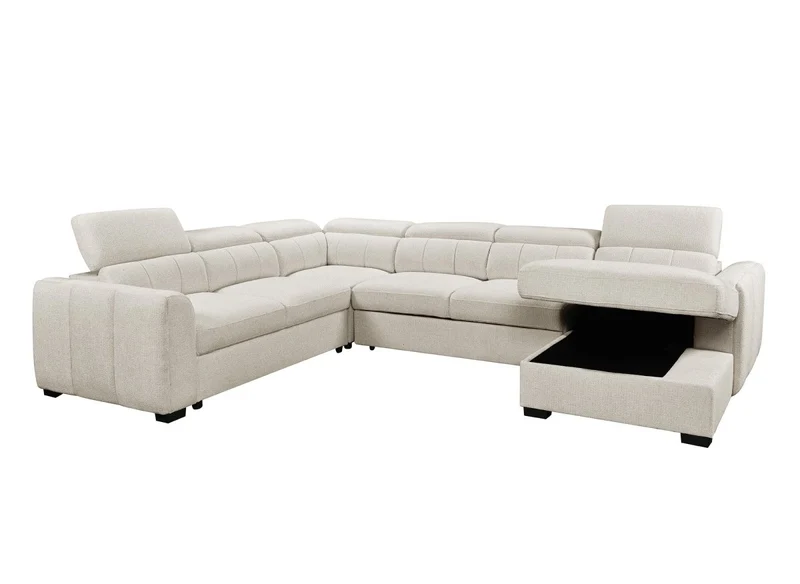Canapé panoramique convertible avec coffre en tissu bouclette beige NAJAH - Angle droit