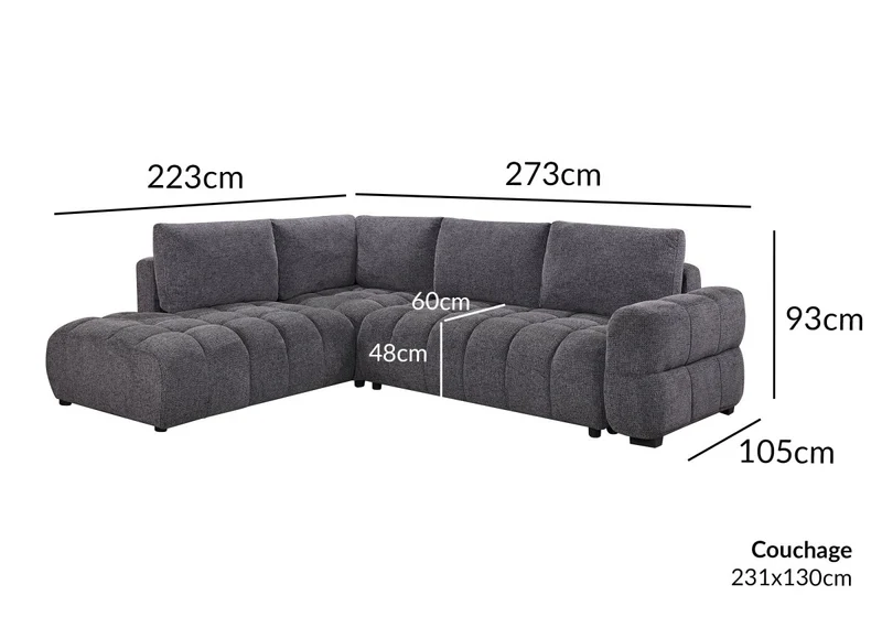 Canapé d'angle convertible avec coffres en velours texturé gris foncé NAELIE - Angle gauche