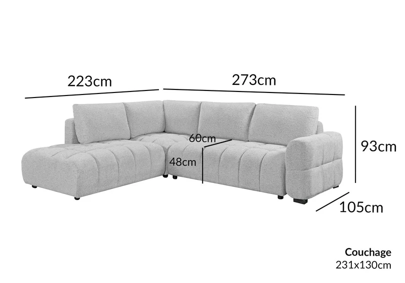 Canapé d'angle convertible avec coffres en velours texturé gris clair NAELIE - Angle gauche