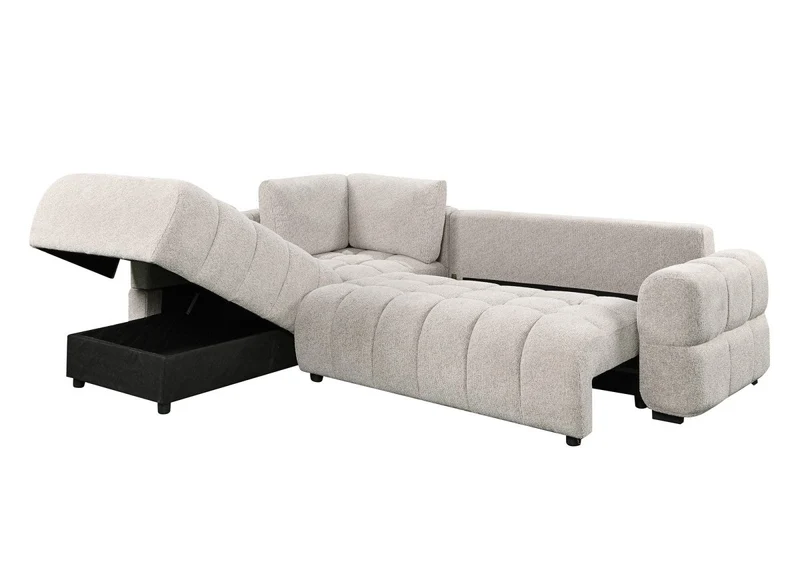 Canapé d'angle convertible avec coffres en velours texturé beige NAELIE - Angle gauche