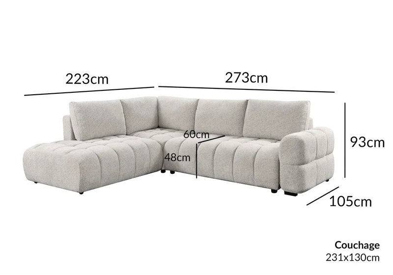 Canapé d'angle convertible avec coffres en velours texturé beige NAELIE - Angle gauche