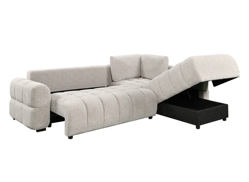 Canapé d'angle convertible avec coffres en velours texturé beige NAELIE - Angle droit