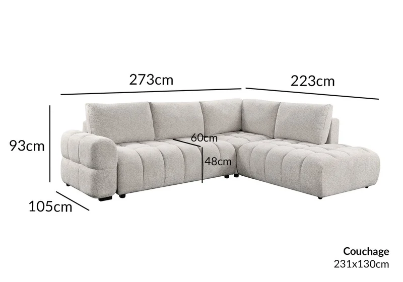 Canapé d'angle convertible avec coffres en velours texturé beige NAELIE - Angle droit