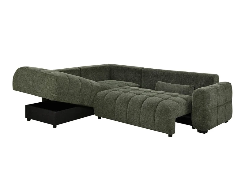 Canapé d'angle convertible avec coffres en velours texturé vert olive NAELIE - Angle gauche