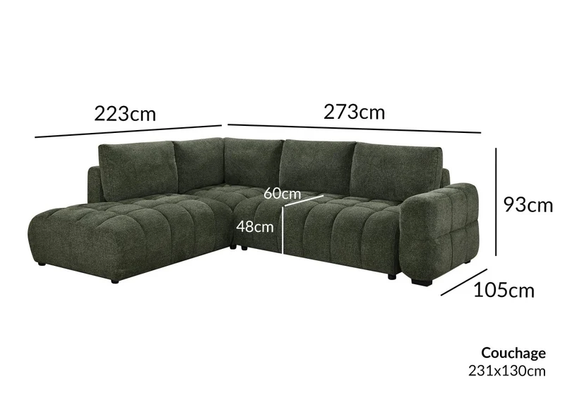 Canapé d'angle convertible avec coffres en velours texturé vert olive NAELIE - Angle gauche