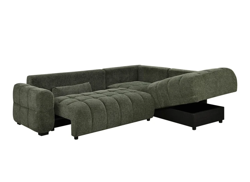 Canapé d'angle convertible avec coffres en velours texturé vert olive NAELIE - Angle droit