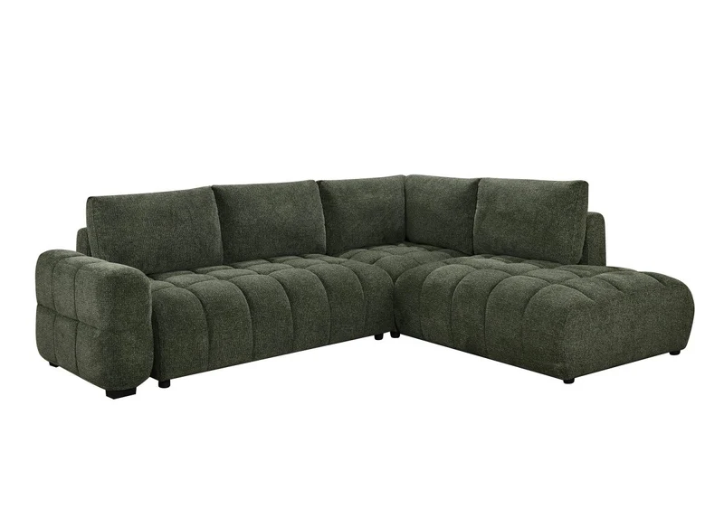 Canapé d'angle convertible avec coffres en velours texturé vert olive NAELIE - Angle droit