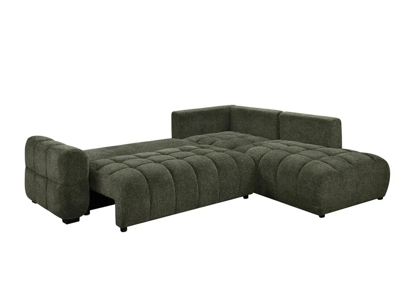 Canapé d'angle convertible avec coffres en velours texturé vert olive NAELIE - Angle droit