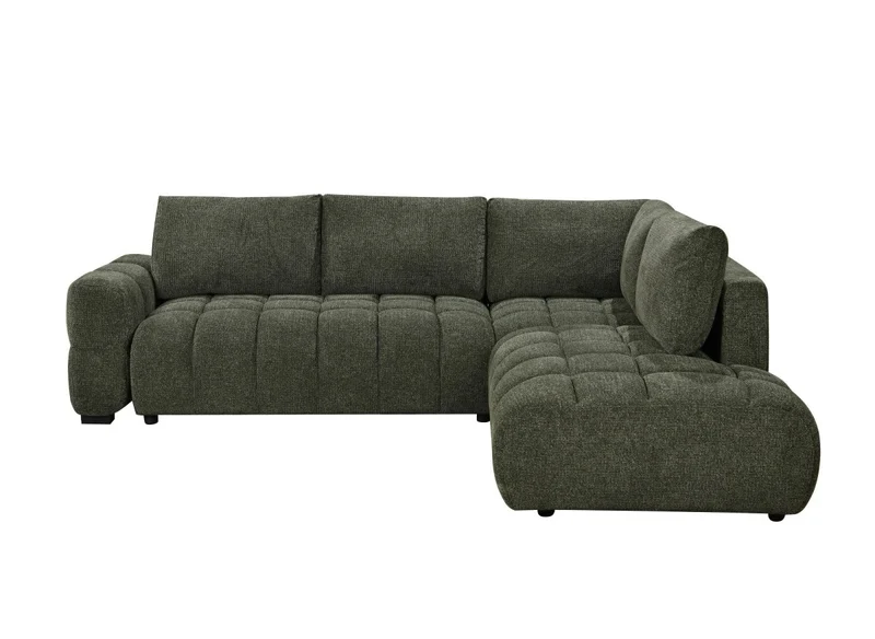 Canapé d'angle convertible avec coffres en velours texturé vert olive NAELIE - Angle droit