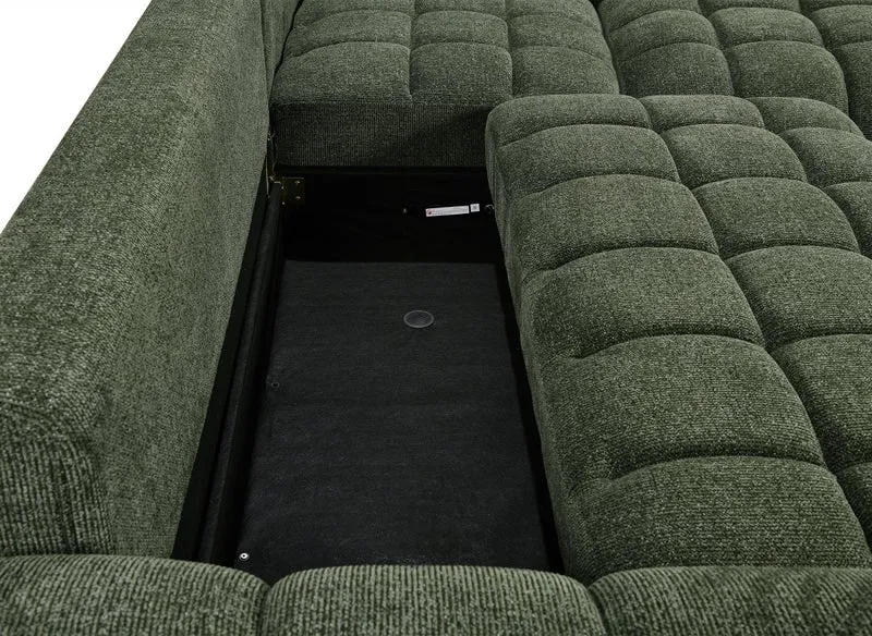 Canapé d'angle convertible avec coffres en velours texturé vert olive NAELIE - Angle droit