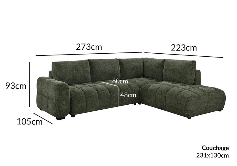 Canapé d'angle convertible avec coffres en velours texturé vert olive NAELIE - Angle droit