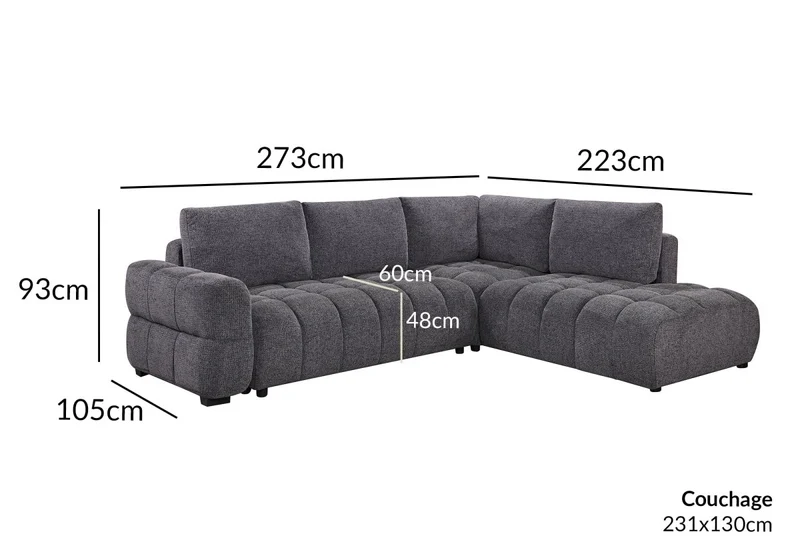 Canapé d'angle convertible avec coffres en velours texturé gris foncé NAELIE - Angle droit