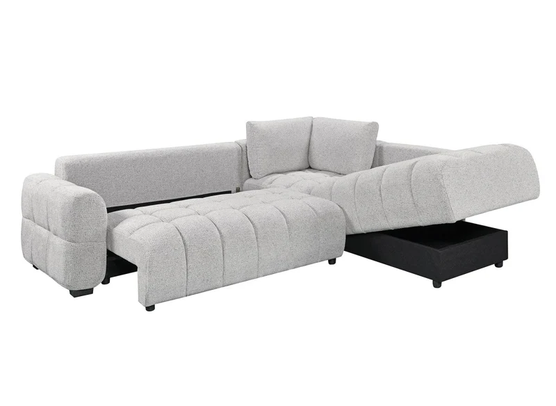 Canapé d'angle convertible avec coffres en velours texturé gris clair NAELIE - Angle droit