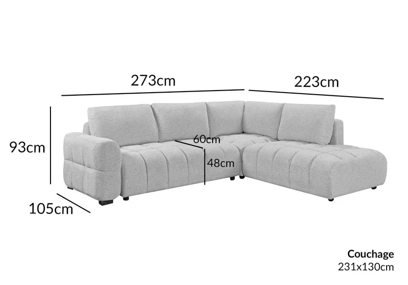 Canapé d'angle convertible avec coffres en velours texturé gris clair NAELIE - Angle droit
