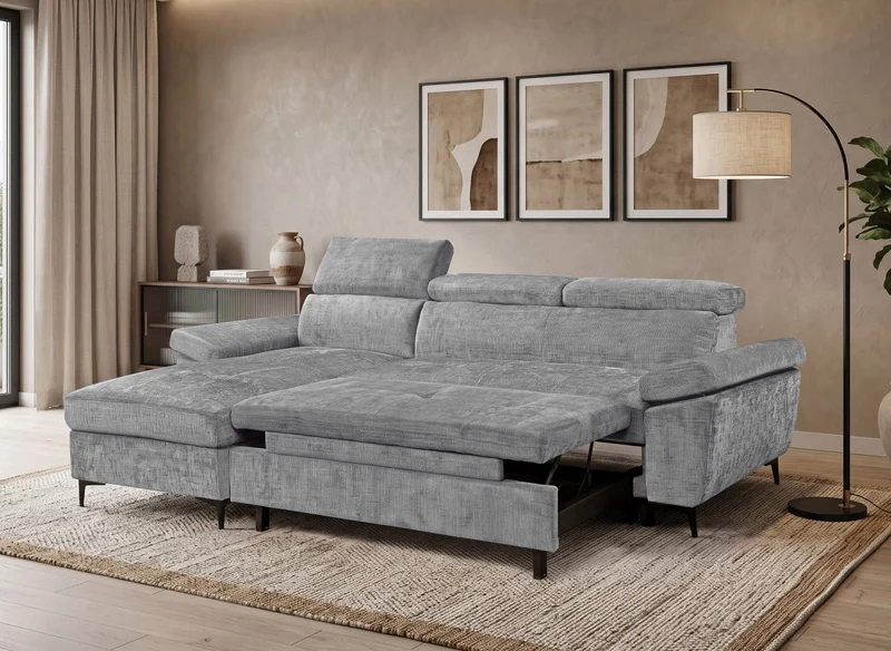 Canapé d'angle convertible en velours chiné gris foncé MONICA - Angle gauche