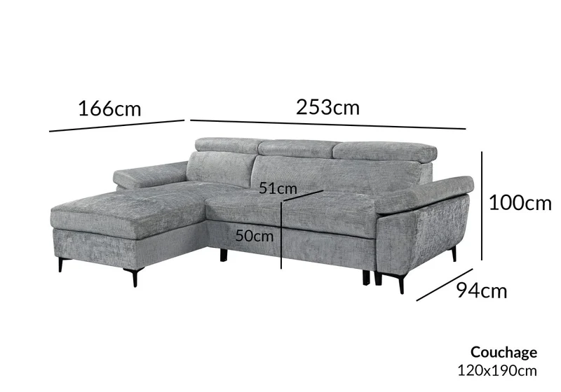 Canapé d'angle convertible en velours chiné gris foncé MONICA - Angle gauche
