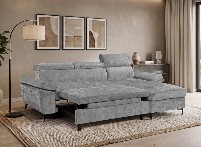Canapé d'angle convertible en velours chiné gris foncé MONICA - Angle droit