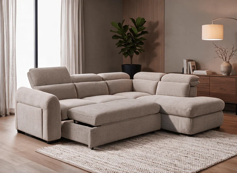 Canapé d'angle convertible avec coffre en velours texturé taupe MADISON - Angle droit