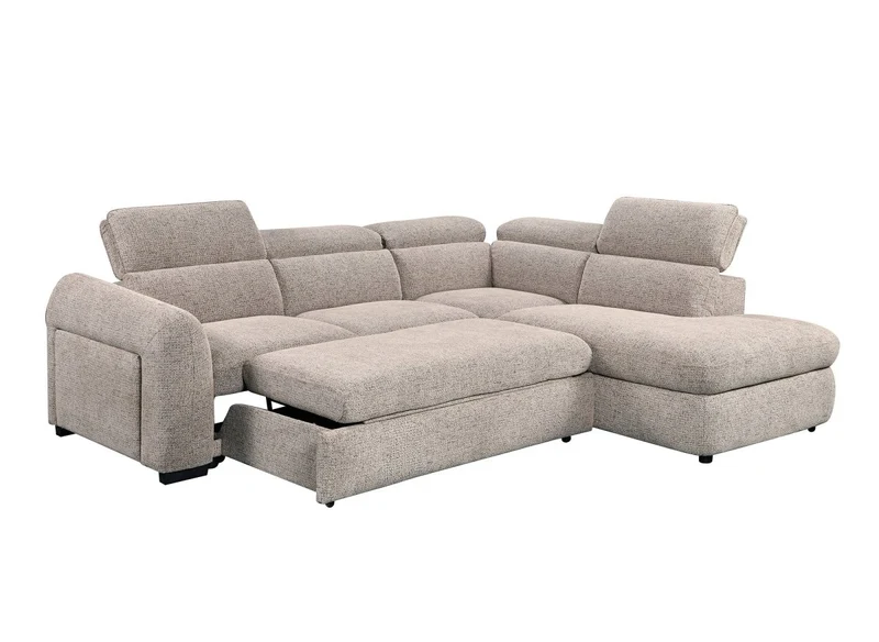 Canapé d'angle convertible avec coffre en velours texturé taupe MADISON - Angle droit