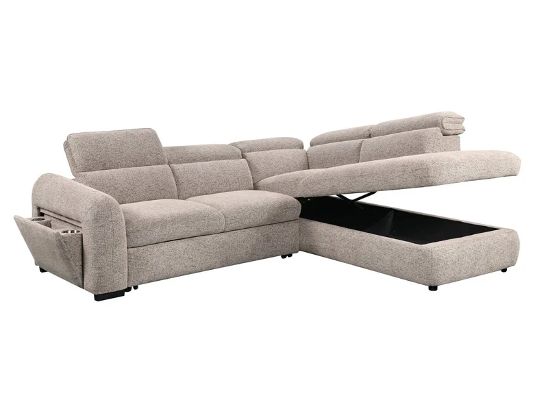 Canapé d'angle convertible avec coffre en velours texturé taupe MADISON - Angle droit