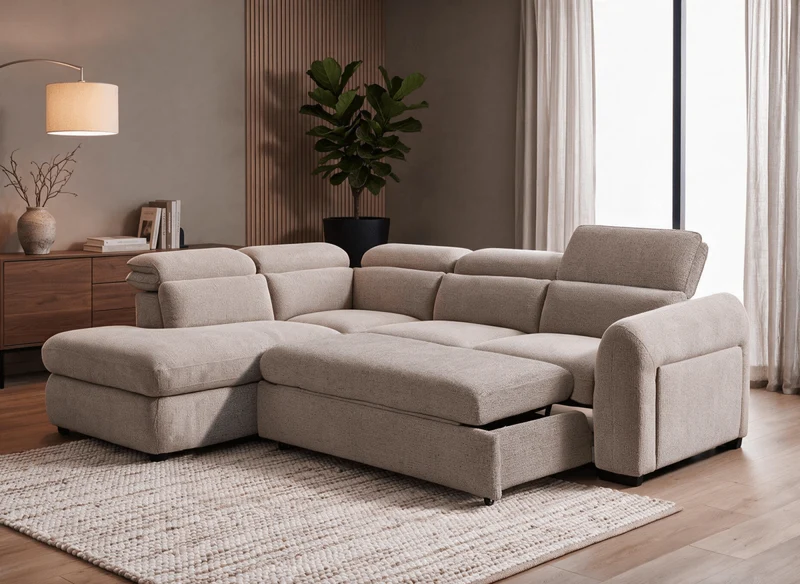 Canapé d'angle convertible avec coffre en velours texturé taupe MADISON - Angle gauche