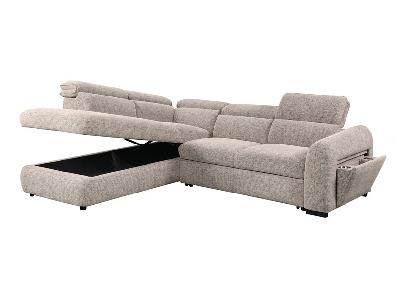 Canapé d'angle convertible avec coffre en velours texturé taupe MADISON - Angle gauche