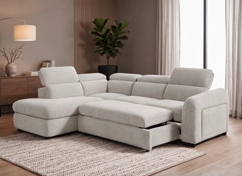 Canapé d'angle convertible avec coffre en velours texturé beige MADISON - Angle gauche