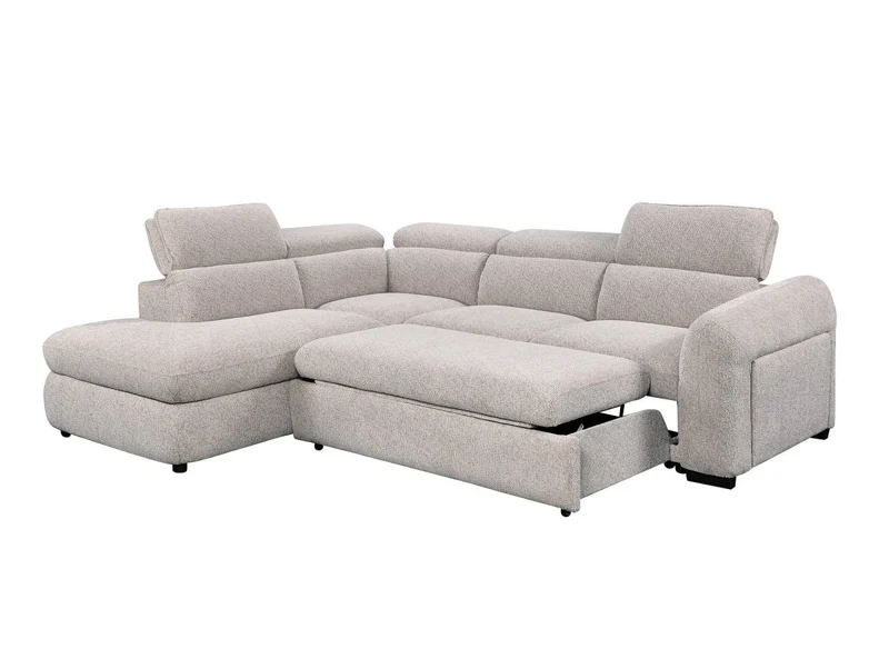 Canapé d'angle convertible avec coffre en velours texturé beige MADISON - Angle gauche