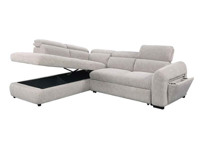 Canapé d'angle convertible avec coffre en velours texturé beige MADISON - Angle gauche