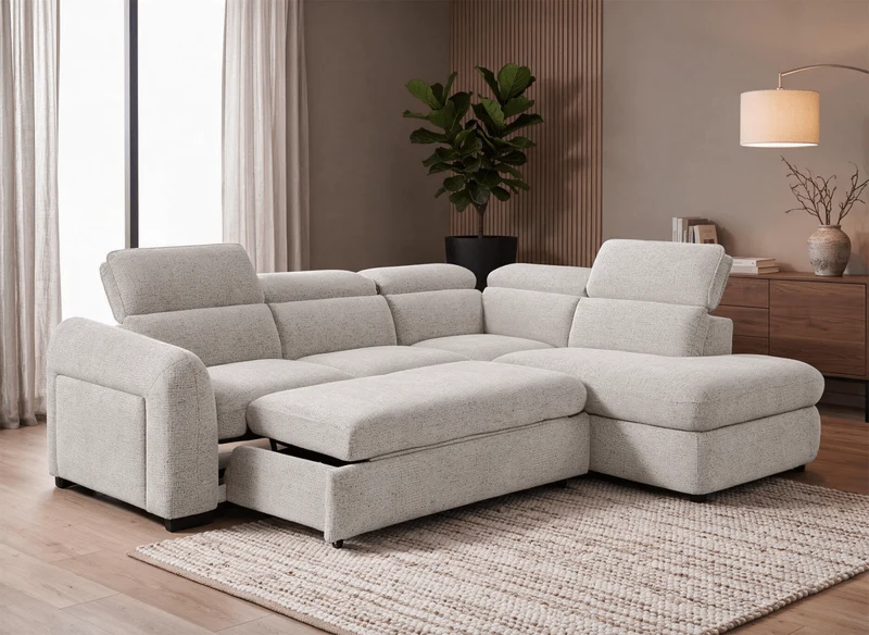 Canapé d'angle convertible avec coffre en velours texturé beige MADISON - Angle droit