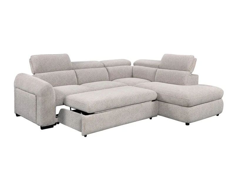 Canapé d'angle convertible avec coffre en velours texturé beige MADISON - Angle droit