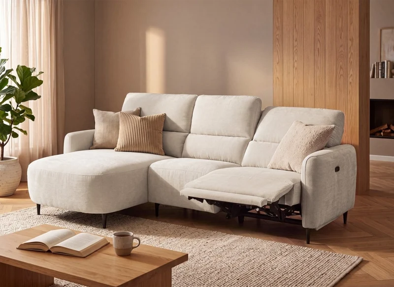 Canapé d'angle relax électrique en tissu texturé beige LAHYS - Angle gauche