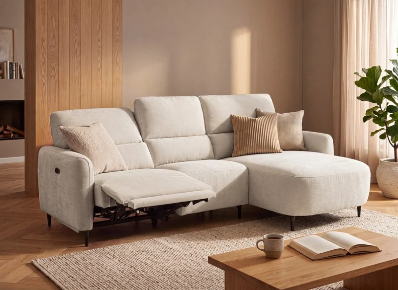 Canapé d'angle relax électrique en tissu texturé beige LAHYS - Angle droit