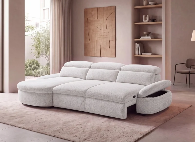 Canapé d'angle relax électrique en tissu bouclette beige CLEMENT - Angle gauche