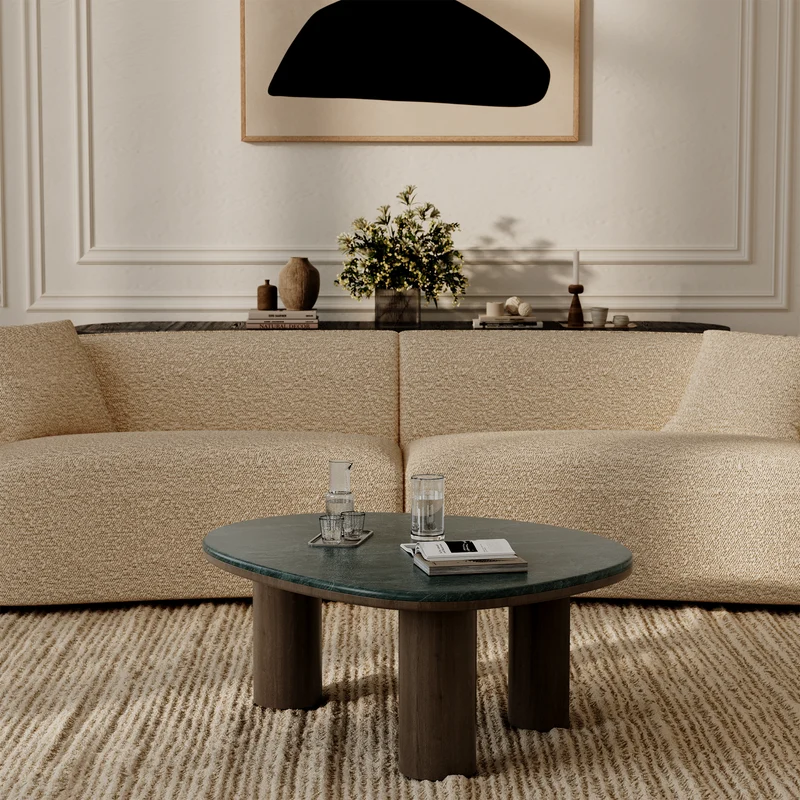 Table basse MODENA en marbre naturel et bois noyer foncé 79cm