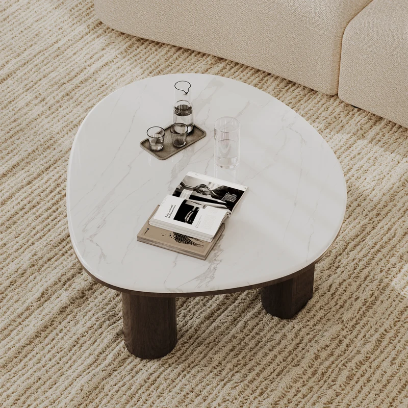 Table basse MODENA en marbre naturel et bois noyer foncé 79cm