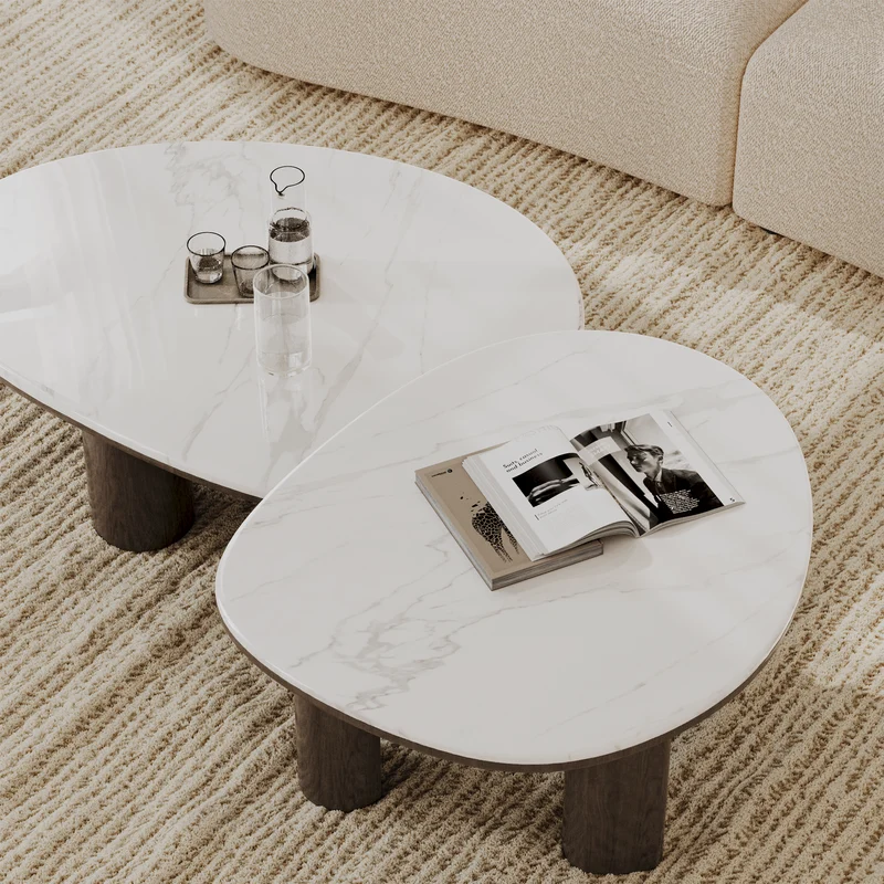 Table basse MODENA en marbre naturel et bois noyer foncé 79cm