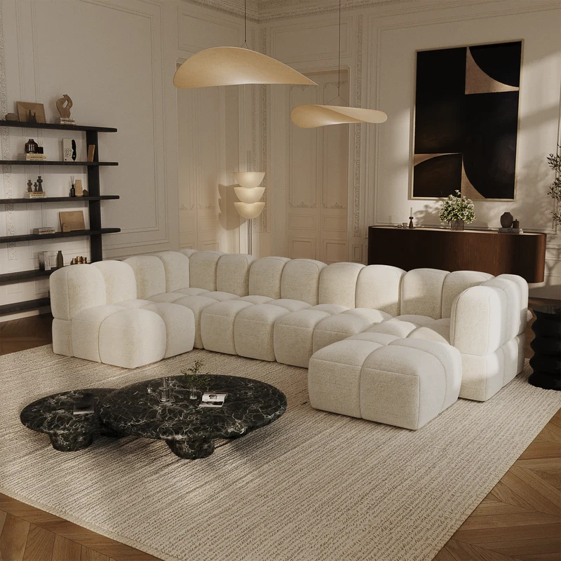 Canapé grand angle modulable 8 places NUBI velours texturé crème