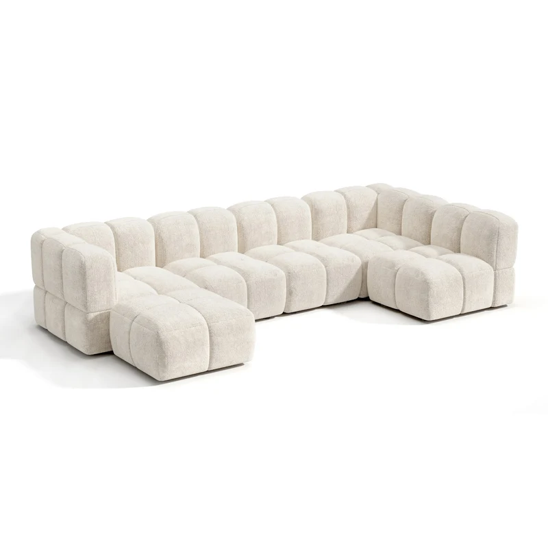 Canapé grand angle modulable 8 places NUBI velours texturé crème